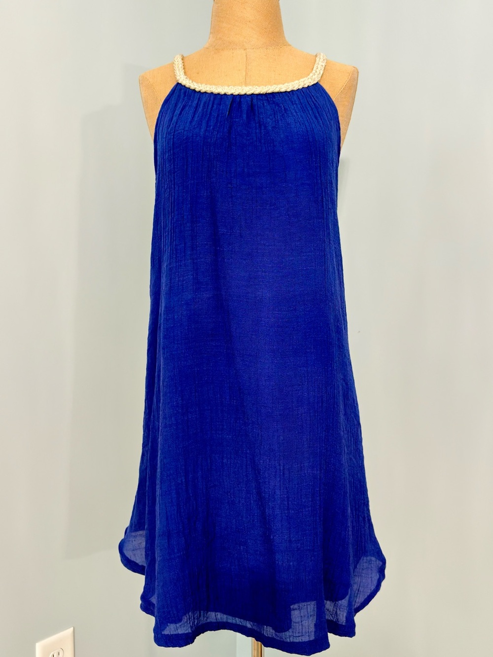 Blue Halter Summer Dress with Braided Neckline. One Size